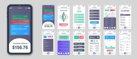 Crypto mobile app screens set for web templates. Pack of financial account, cryptocurrency statistics, investment data analysis. UI, UX, GUI user interface kit for cellphone layouts. Vector design