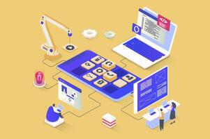 App development concept in 3d isometric design. UI UX layout developing, programming application interfaces, coding mobile software. Vector illustration with isometry people scene for web graphic