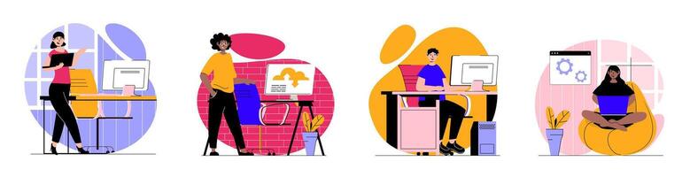 SaaS concept with people scenes set in flat web design. Bundle of character situations with clients using software, cloud storage and processing with subscriptions service. Vector illustrations.