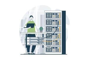 Server maintenance concept with people scene in flat design for web. Man working in hardware rack room, troubleshooting and fixing. Vector illustration for social media banner, marketing material.