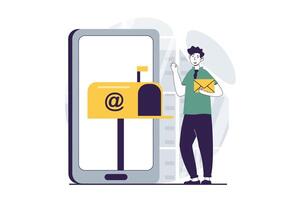 Email service concept with people scene in flat design for web. Man receiving new inbox letter at postal mailbox and using mobile app. Vector illustration for social media banner, marketing material.