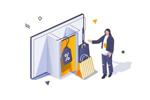 Online shopping concept in 3d isometric design. Woman with many bags buying new goods at store with bargain offers of discount prices. Vector illustration with isometric people scene for web graphic