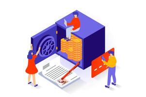 Business and marketing concept in 3d isometric design. People working and developing online company, earning profit, putting money in bank safe. Vector illustration with isometry scene for web graphic