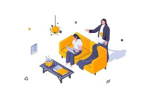 Home interior concept in 3d isometric design. Women talking near sofa and coffee table. Furnishing and decoration in living room. Vector illustration with isometric people scene for web graphic