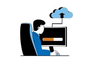 Cloud computing concept with people scene in flat web design. Man working at computer, uploading data at cloud storage for processing. Vector illustration for social media banner, marketing material.