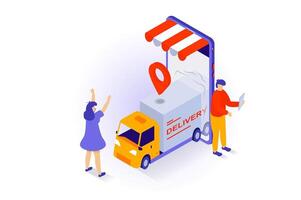 en línea compras concepto en 3d isométrica diseño. personas haciendo compras en Tienda Página web, ordenando entrega Servicio y rastreo transporte. vector ilustración con isometria escena para web gráfico