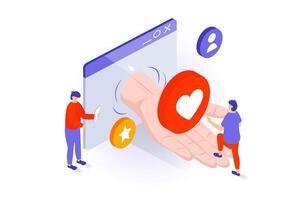 Social media concept in 3d isometric design. People chatting online, attracting to blogs with positive feedback and emotions of followers. Vector illustration with isometry scene for web graphic