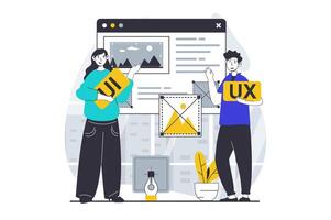 UI UX design concept with people scene in flat graphic for web. Woman and man finding creative ideas for making layout prototype. Vector illustration for social media banner, marketing material.