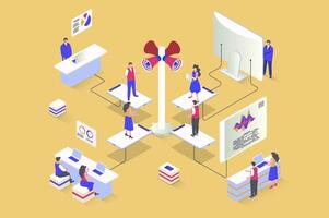 Referral marketing concept in 3d isometric design. Loyalty program to attract new customers using communication and advertisement tools. Vector illustration with isometry people scene for web graphic