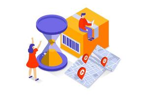 Transportation and logistics concept in 3d isometric design. People waiting parcel delivery and tracking box in online map from point to point. Vector illustration with isometry scene for web graphic