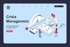 Crisis management concept in 3d isometric design for landing page template. People analyzing speedometer data, brainstorming, solving problem, creating recovery strategy. Vector illustration for web