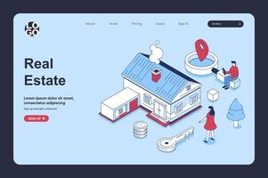 Real estate concept in 3d isometric design for landing page template. People searching new home at housing market, choosing apartments, client buying property for moving. Vector illustration for web