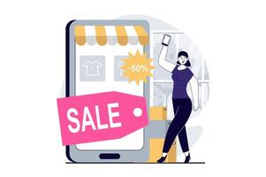 Mobile commerce concept with people scene in flat design for web. Woman making purchases with bargain discount prices in application. Vector illustration for social media banner, marketing material.