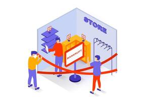 Unemployment and crisis concept in 3d isometric design. People have financial problems and close unprofitable store, lose business and carrier. Vector illustration with isometry scene for web graphic