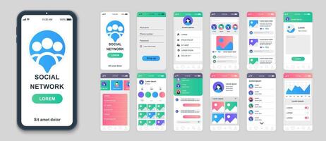 Social network mobile app screens set for web templates. Pack of profile login, photo avatar, online communication, blogging menu. UI, UX, GUI user interface kit for cellphone layouts. Vector design