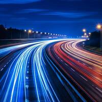 AI generated lights of cars driving at night. long exposure photo