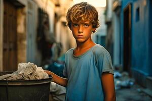 AI generated A young boy in casual clothing standing next to a metal trash can in an urban setting. The surroundings suggest a city environment with concrete pavement. photo