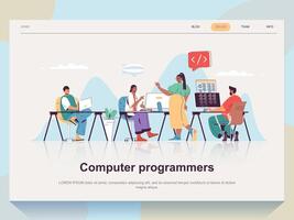 computadora programadores web concepto para aterrizaje página en plano diseño. hombre y mujer trabajando en oficina con proyecto gerente, codificación y pruebas. vector ilustración con personas escena para sitio web página principal