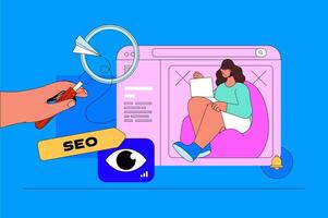 seo mejoramiento web concepto con personaje escena. mujer haciendo datos y palabras clave investigación para buscar motor ajustes. personas situación en plano diseño. vector ilustración para márketing material.