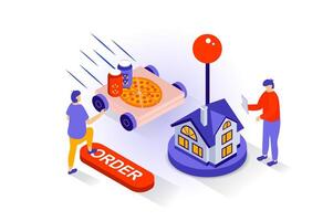 Food delivery concept in 3d isometric design. People ordering pizza and drinks, paying online for purchases and tracking shipping at home. Vector illustration with isometry scene for web graphic