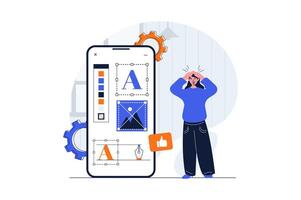 Web design concept with character scene. Woman creating mobile layouts, drawing graphic elements with tools. People situation in flat design. Vector illustration for social media marketing material.