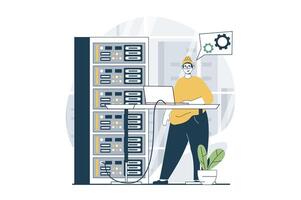 Server maintenance concept with people scene in flat design for web. Man engineer upgrading and fixing equipment in hardware rack room. Vector illustration for social media banner, marketing material.