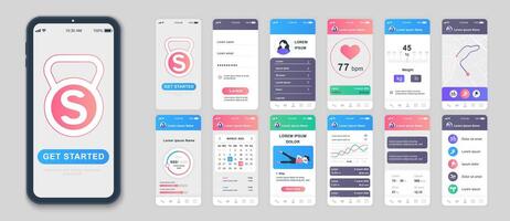 Fitness mobile app screens set for web templates. Pack of user profile, wight or pulse information, online maps, calendar, exercise. UI, UX, GUI user interface kit for cellphone layouts. Vector design