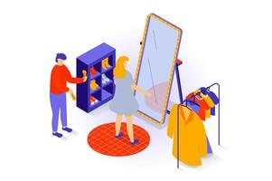 Home interior concept in 3d isometric design. People stand in dressing room, fitting clothes by mirror, wardrobe with shoe racks and hangers. Vector illustration with isometry scene for web graphic