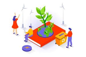 Eco lifestyle concept in 3d isometric design. People using wind turbines station, protecting plants on planet, recycle garbage and zero waste. Vector illustration with isometry scene for web graphic