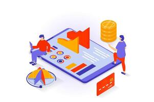 Business and marketing concept in 3d isometric design. People researching data at charts dashboard, accounting, creating strategy and advert. Vector illustration with isometry scene for web graphic