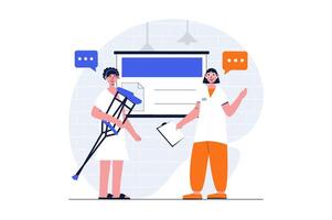 Medicine web concept with character scene. Patient with crutch gets rehabilitation and consults with doctor. People situation in flat design. Vector illustration for social media marketing material.