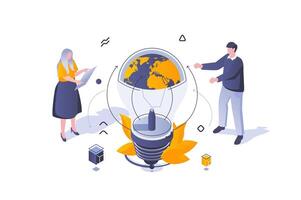 Eco lifestyle concept in 3d isometric design. Responsible using of electricity with global alternative renewable energy technologies. Vector illustration with isometric people scene for web graphic