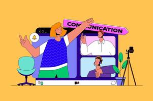 Video communication web concept with character scene. Colleagues team working remotely and connecting via group video chat. People situation in flat design. Vector illustration for marketing material.