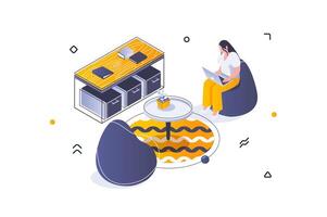 Home interior concept in 3d isometric design. Woman sits in armchair by cabinet with drawers. Furnishing and decoration in living room. Vector illustration with isometric people scene for web graphic