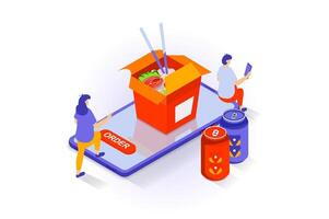 Food delivery concept in 3d isometric design. People ordering noodles wok and drink at lunch from restaurant and buying online using app. Vector illustration with isometry scene for web graphic