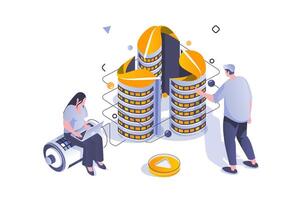 Eco lifestyle concept in 3d isometric design. Smart city with battery charging and using sustainable alternative sources technology. Vector illustration with isometric people scene for web graphic