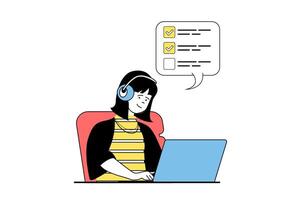 Lanza libre concepto con personas escena en plano web diseño. mujer trabajando a computadora portátil, haciendo Tareas desde trabajo liza y comunicado en línea. vector ilustración para social medios de comunicación bandera, márketing material.