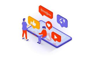 Social media concept in 3d isometric design. People using mobile app for chatting, sending audio voice messages, watching videos, communicate. Vector illustration with isometry scene for web graphic