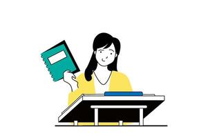 Education concept with people scene in flat web design. Young girl student sitting at desk in class, listening lecture and makes notes. Vector illustration for social media banner, marketing material.