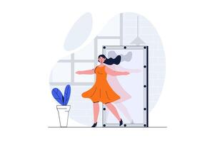 People dancing web concept with character scene. Woman enjoying dance in studio and training by mirror. People situation in flat design. Vector illustration for social media marketing material.