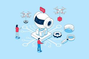 Artificial intelligence concept in 3d isometric design. People creating, working and programming ai robots, machine learning and automation. Vector illustration with isometry scene for web graphic