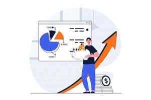 Business planning web concept with character scene. Man showing data presentation and savings in piggy bank. People situation in flat design. Vector illustration for social media marketing material.