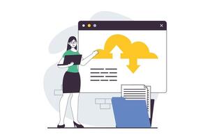 saas concepto con personas escena en plano diseño para web. mujer utilizando programas con nube informática servicio, hace apoyo y subir archivo. vector ilustración para social medios de comunicación bandera, márketing material.