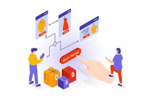 Online shopping concept in 3d isometric design. People choosing new clothes at store assortment webpage, ordering and getting gifts from shop. Vector illustration with isometry scene for web graphic