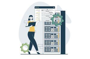 Server maintenance concept with people scene in flat design for web. Woman monitoring in hardware rack room, settings and engineering. Vector illustration for social media banner, marketing material.