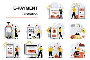 E-payment concept with character situations mega set. Bundle of scenes people paying online for purchases of digital receipt, using secure mobile pay service. Vector illustrations in flat web design