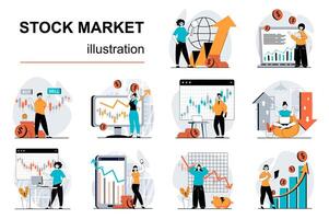 Stock market concept with character situations mega set. Bundle of scenes people analyzing market trends, research financial data, success trading on exchange. Vector illustrations in flat web design