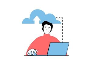 Cloud computing concept with people scene in flat web design. Man uploading data at cloud storage, processing data and using database. Vector illustration for social media banner, marketing material.