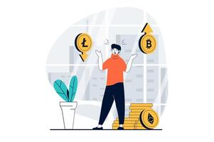 Cryptocurrency marketplace concept with people scene in flat design for web. Man buying bitcoin, ethereum and different crypto coins. Vector illustration for social media banner, marketing material.