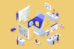 Mobile banking concept in 3d isometric design. Clients use online services, control financial account, increase savings, make transfers. Vector illustration with isometry people scene for web graphic